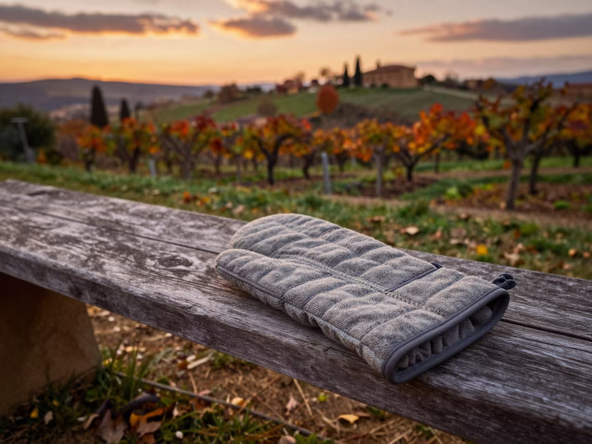 Oven Mitt on Cedar Bench in Tuscan Autumn in among terraced garden plots in Tuscany