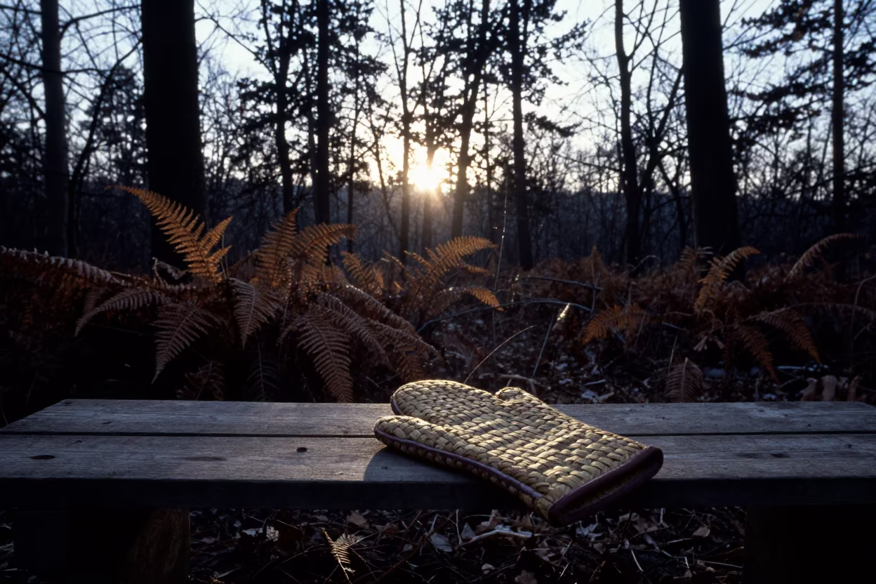Oven Mitt on Cedar Bench in Winter Forest in on a fern-lined forest floor near Lahore