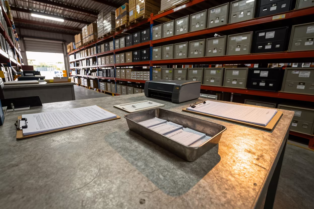 Overage Note Tray with Clipboards in Salvador Warehouse in inside a warehouse aisle in Salvador