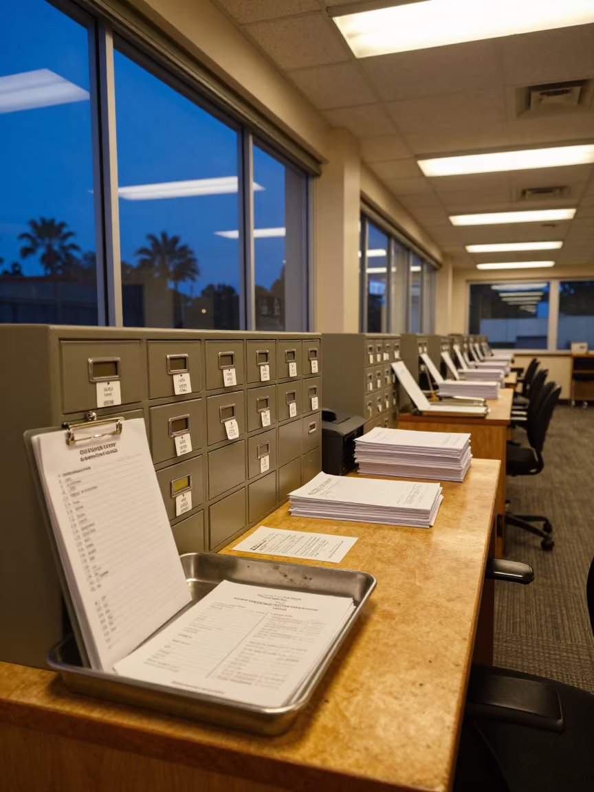 Overage Note Tray Under Fluorescent Dispatch Light in at a fulfillment packing station near Naples