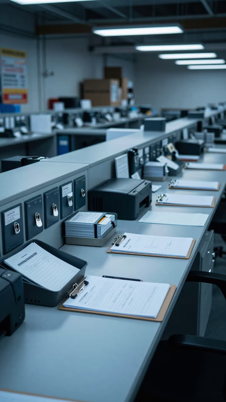 Overage Note Tray Under Fluorescents in Japantown in at a parcel sorting belt in Japantown, San Francisco