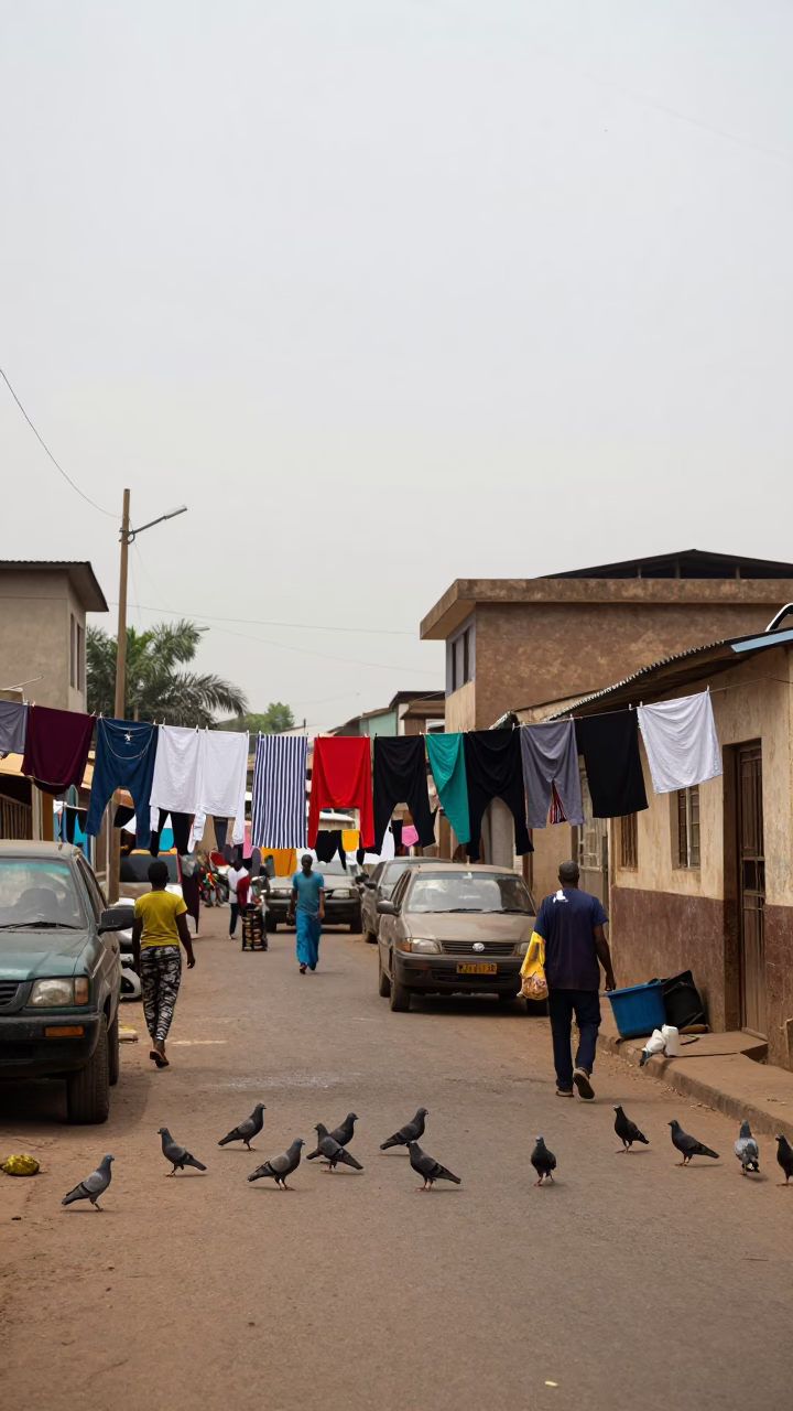 Overcast Accra Street Scene With Pigeons And Hanging Laundry in in Accra, Ghana