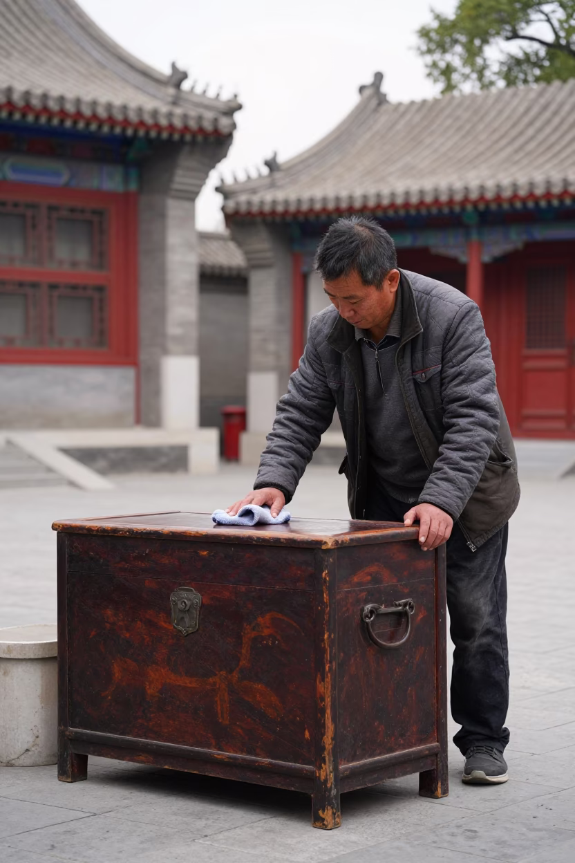 Overcast Beijing Courtyard Street Vendor Cleaning Antique Wooden Chest in in Beijing, China