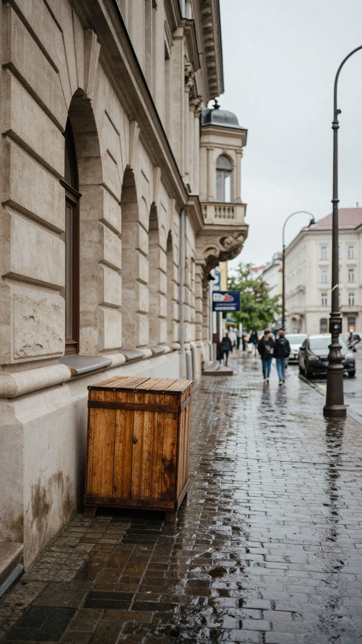 Overcast Budapest Street Scene With Vintage Items And Local Architecture in in Budapest, Hungary