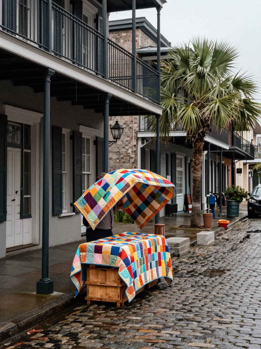 Overcast Charleston Midday Street Scene with Quilt Vendor in in Charleston, South Carolina, United States