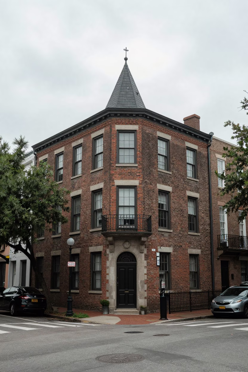 Overcast Charleston Street Corner with Brick Walls and Urban Details in in Charleston, South Carolina, United States