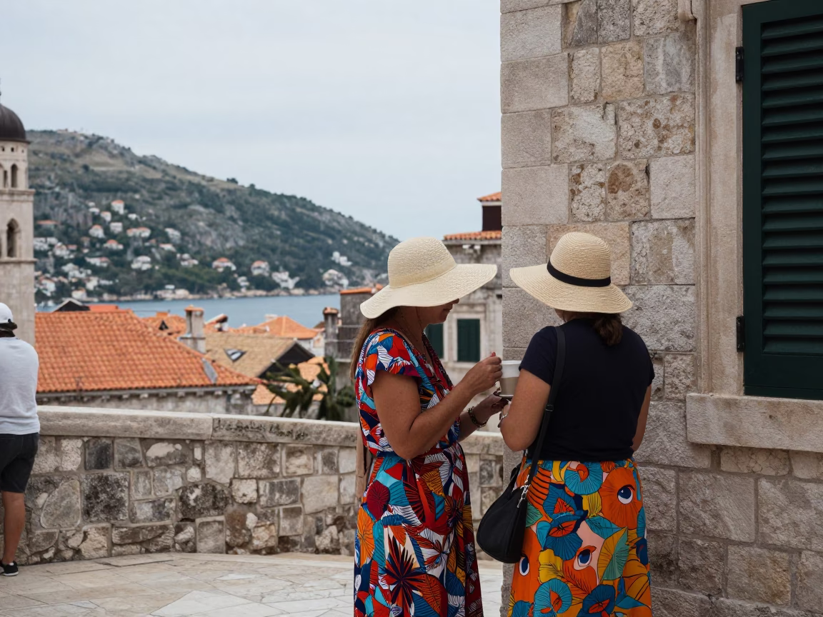 Overcast Dubrovnik Street Scene with Sun Hats and Espresso Cup in in Dubrovnik, Croatia
