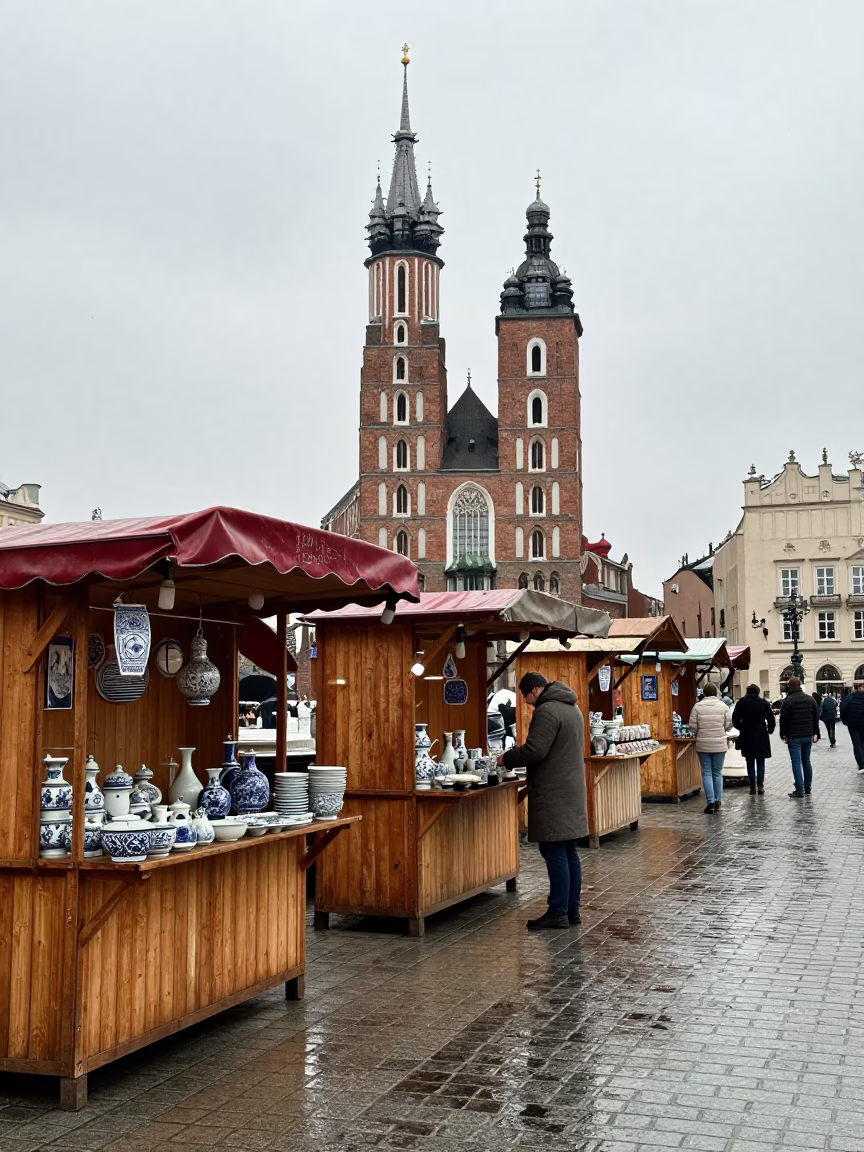 Overcast Krakow Market Square Stalls with Porcelain and Local Commerce in in Krakow, Poland