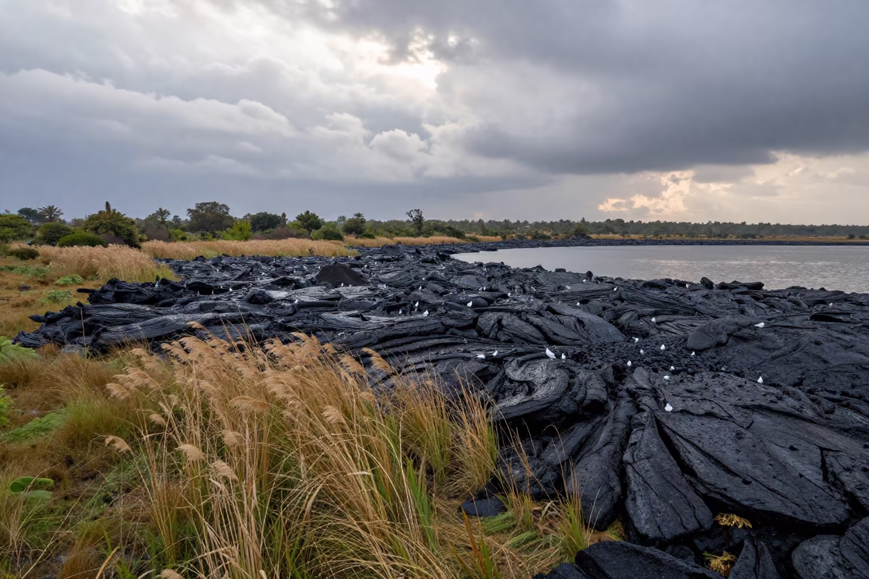Overcast Lava Plain and Black Lake After Rain in across a floodplain after rain near Boudhanath, Kathmandu