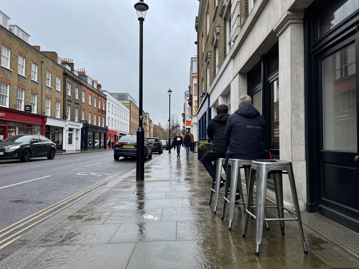 Overcast London Street Scene with Bar Stools and Local Pedestrians in in London, United Kingdom