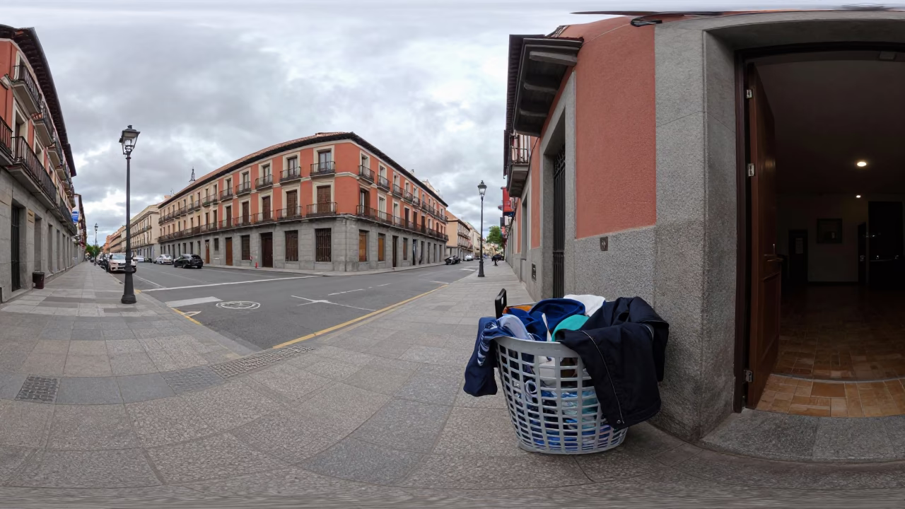 Overcast Madrid Street Scene with Laundry Basket and Coat Stand in in Madrid, Spain