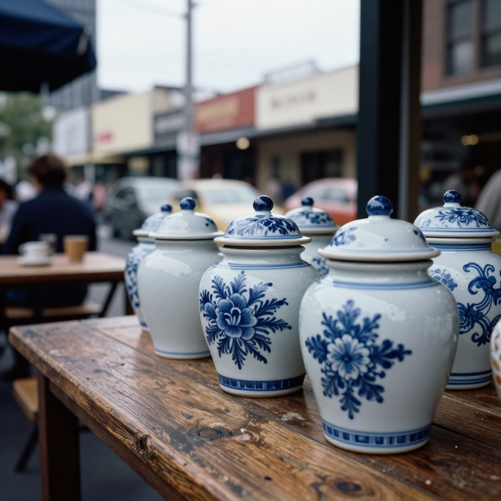 Overcast Melbourne Street Scene with Blue and White Porcelain Jars in in Melbourne, Victoria, Australia