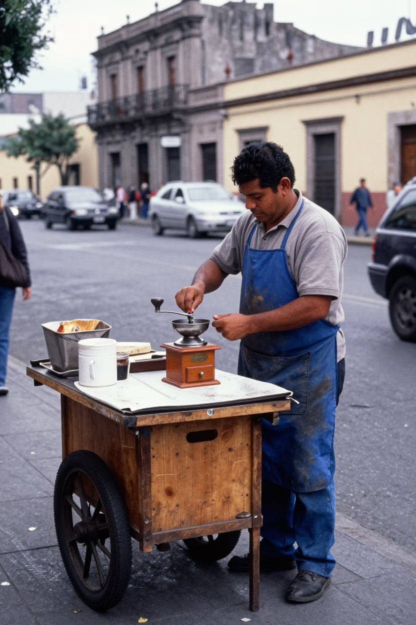 Overcast Mexico City Street Corner Vendor with Coffee Grinder and Jar in in Mexico City, Mexico