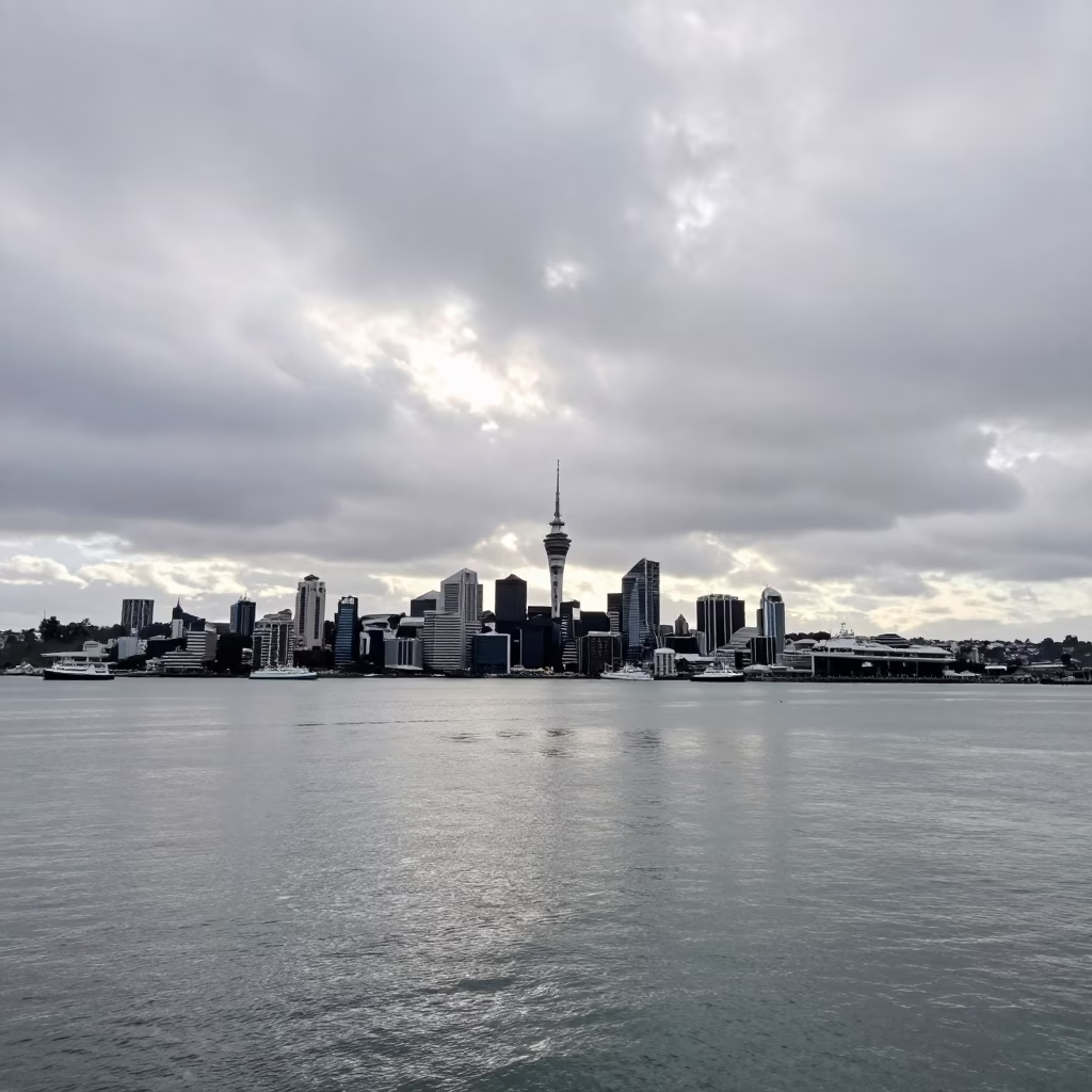 Overcast Midday Horizon of Auckland New Zealand Harbor and City Skyline in in Auckland, New Zealand