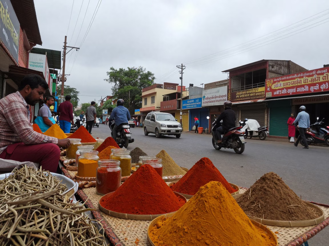 Overcast Midday Hyderabad Street Scene with Vendor Selling Spices in in Hyderabad, India