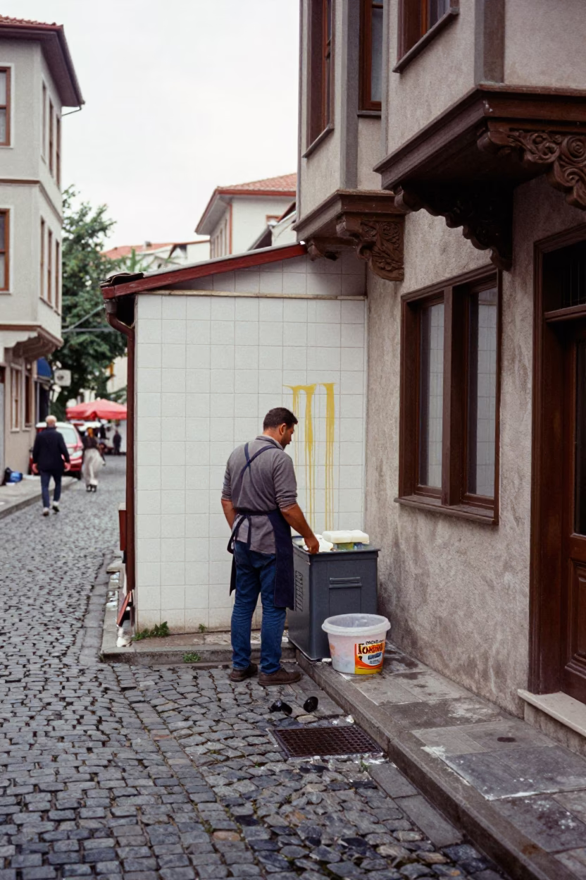 Overcast Midday Istanbul Street Scene with Aprons and Reflections in in Istanbul, Turkey