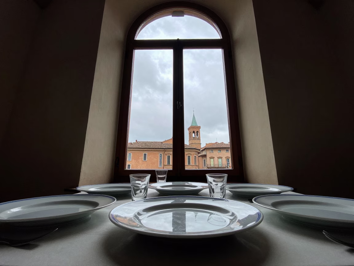 Overcast Midday Scene in Bologna Italy with Blue and White Porcelain in in Bologna, Italy