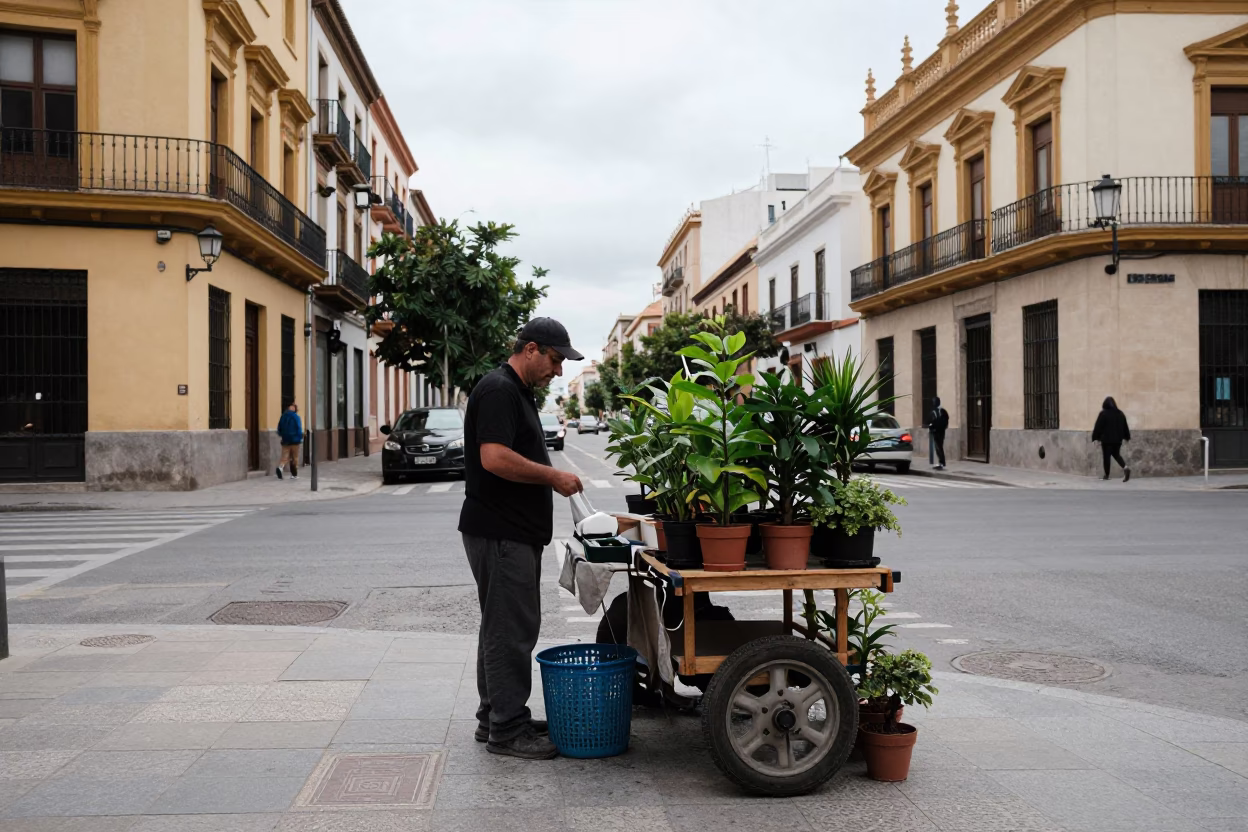 Overcast Midday Seville Street Corner with Local Vendor and Houseplants in in Seville, Spain