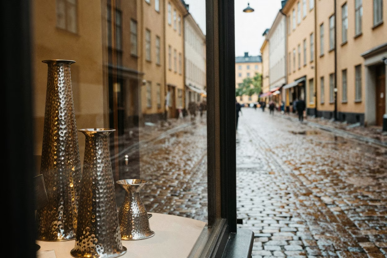 Overcast Midday Stockholm Street Scene With Hammered Metal And Geraniums in in Stockholm, Sweden