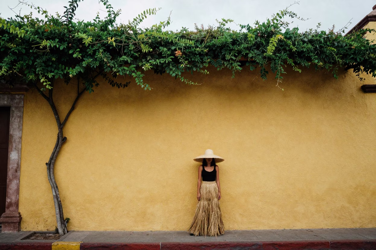 Overcast Midday Street Portrait in Merida Mexico with Vine and Straw Hat in in Merida, Mexico