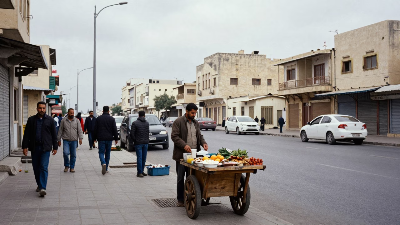 Overcast Midday Street Scene in Alexandria Egypt with Local Vendor in in Alexandria, Egypt