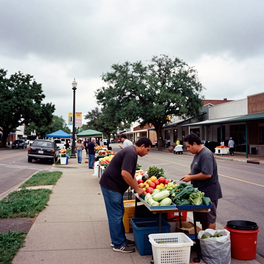 Overcast Midday Street Scene in Austin Texas with Local Market Elements in in Austin, Texas, United States