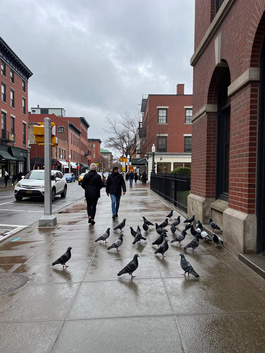 Overcast Midday Street Scene in Boston with Pigeons and Urban Details in in Boston, Massachusetts, United States