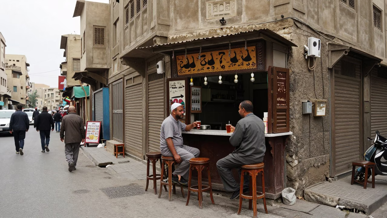 Overcast Midday Street Scene in Cairo Egypt with Tea and Stools in in Cairo, Egypt