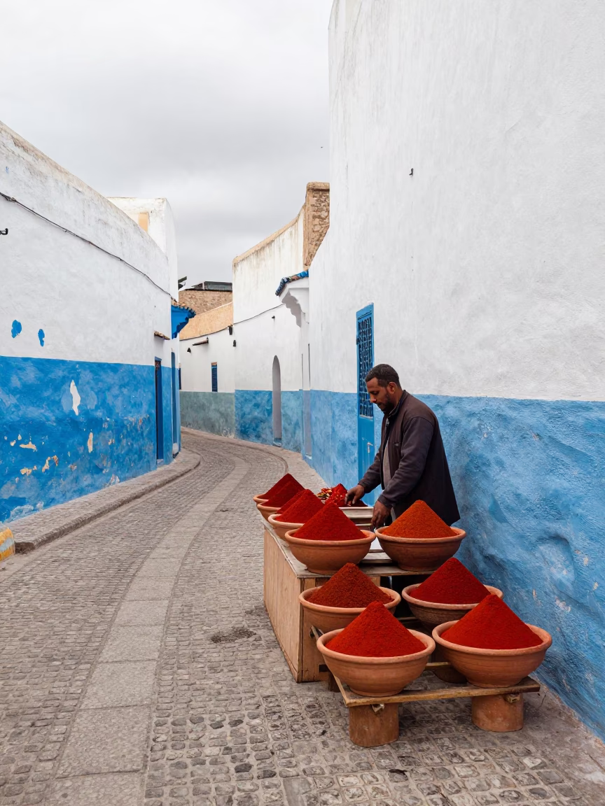Overcast Midday Street Scene in Essaouira Morocco with Terracotta Bowls in in Essaouira, Morocco