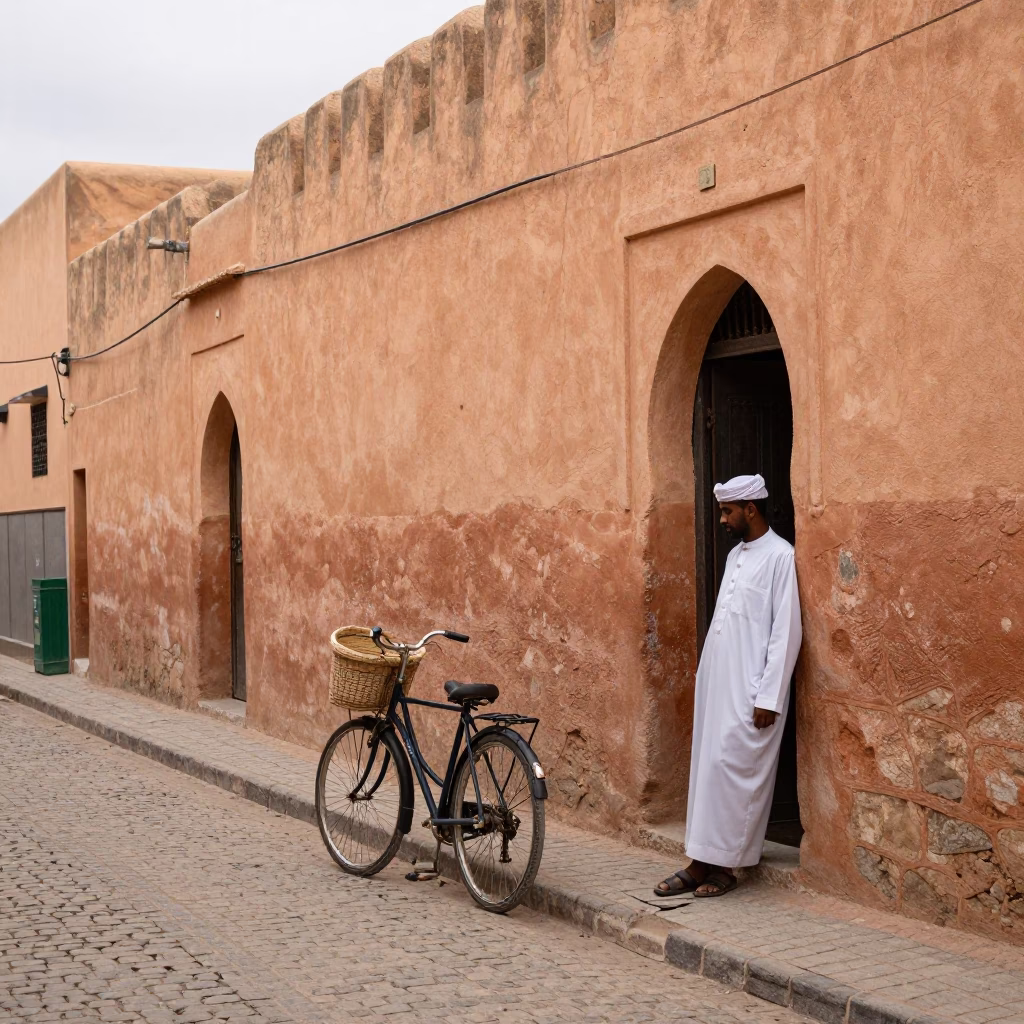 Overcast Midday Street Scene in Fez Morocco with Bicycle and Woven Mats in in Fez, Morocco