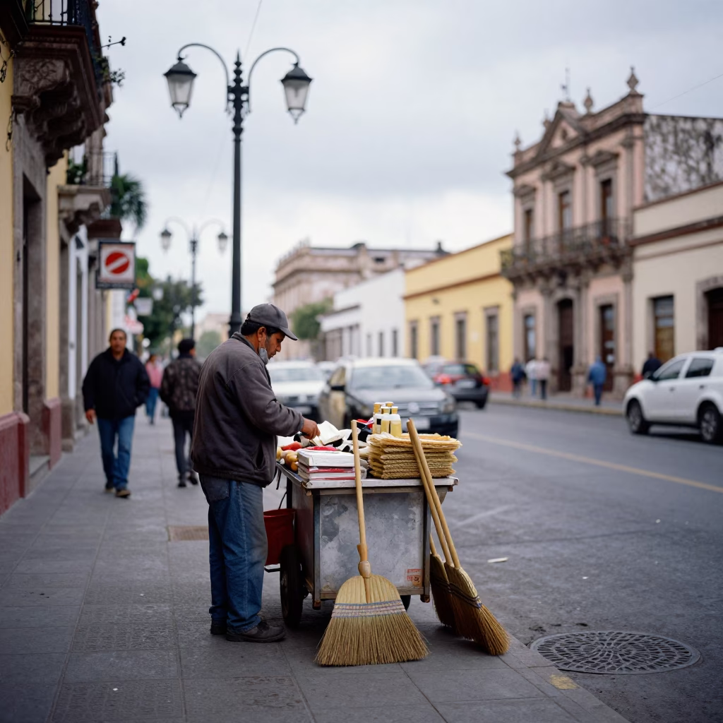 Overcast Midday Street Scene in Guadalajara Mexico with Local Vendor in in Guadalajara, Mexico