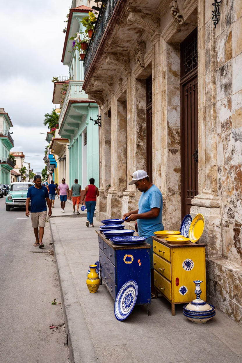 Overcast Midday Street Scene in Havana Cuba with Majolica Plates in in Havana, Cuba