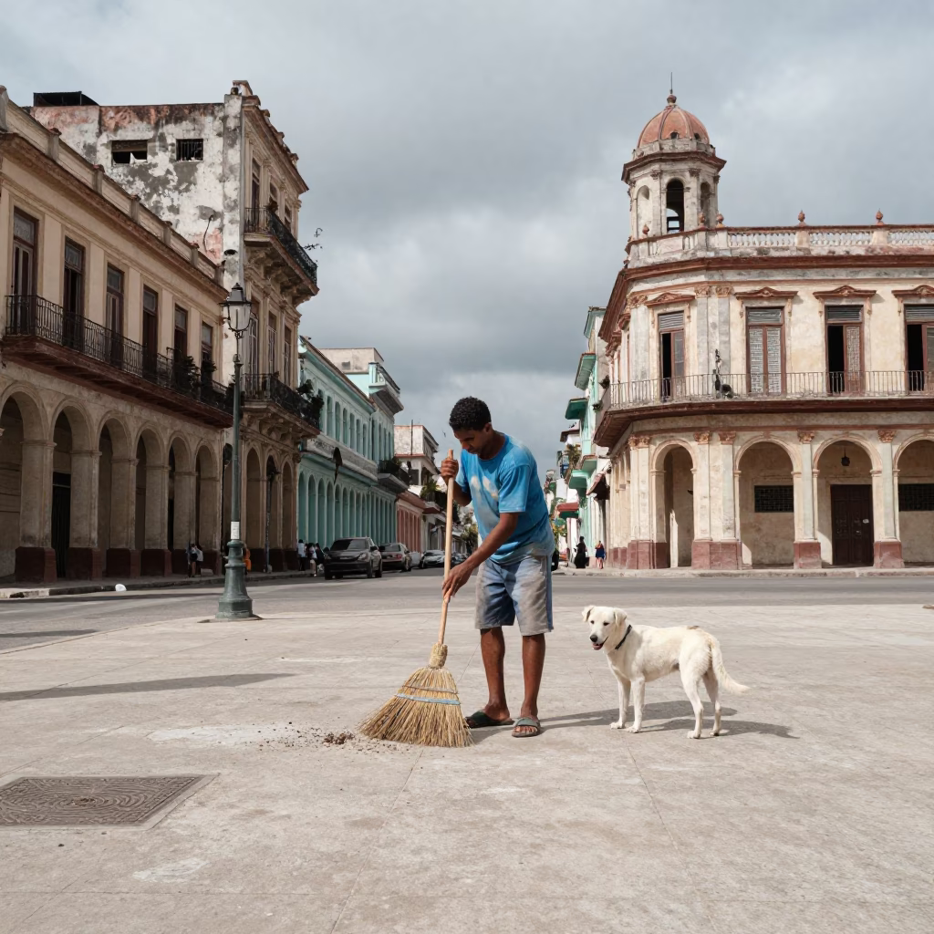 Overcast Midday Street Scene in Havana with Broom and White Dog in in Havana, Cuba