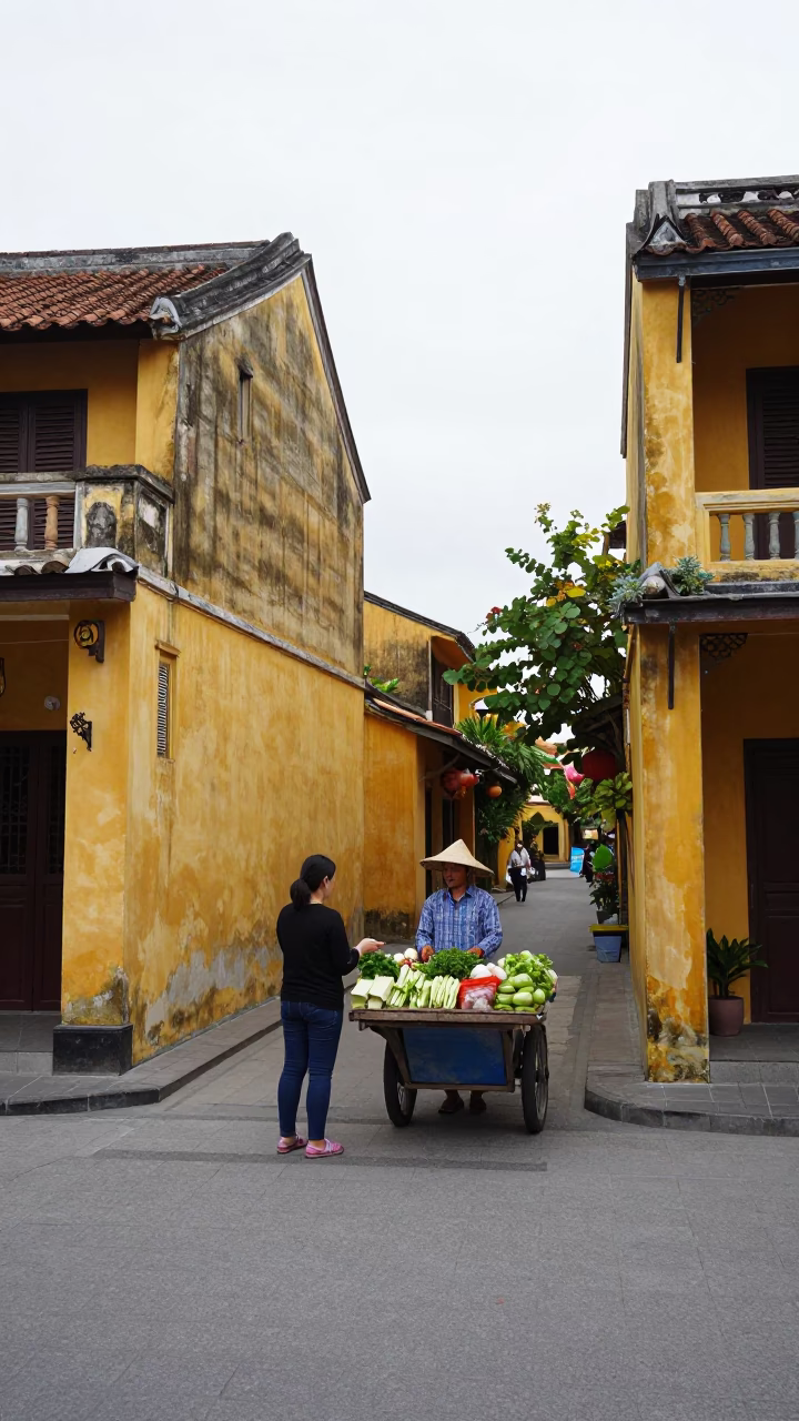 Overcast Midday Street Scene in Hoi An Vietnam with Local Vendor in in Hoi An, Vietnam