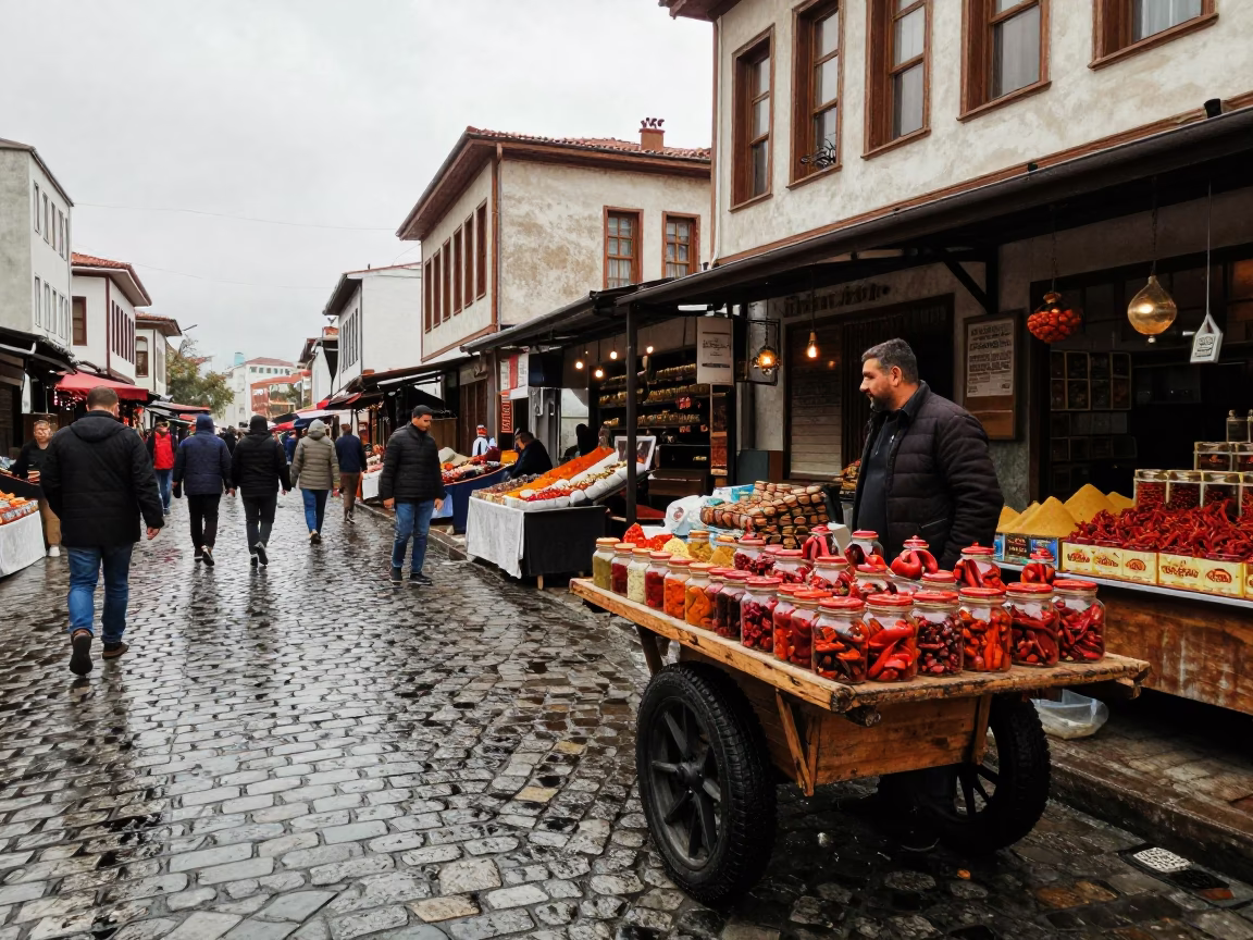 Overcast Midday Street Scene in Izmir Turkey With Local Market Details in in Izmir, Turkey