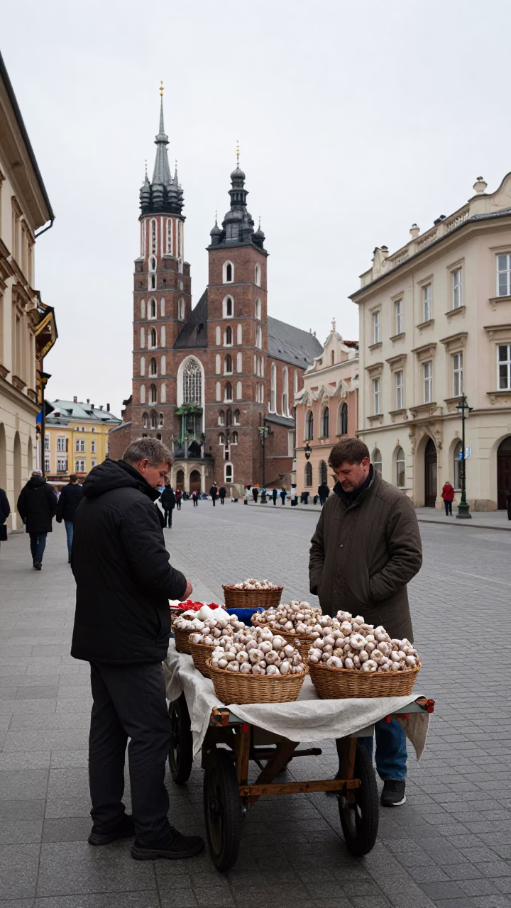 Overcast Midday Street Scene in Krakow Poland with Local Elements in in Krakow, Poland