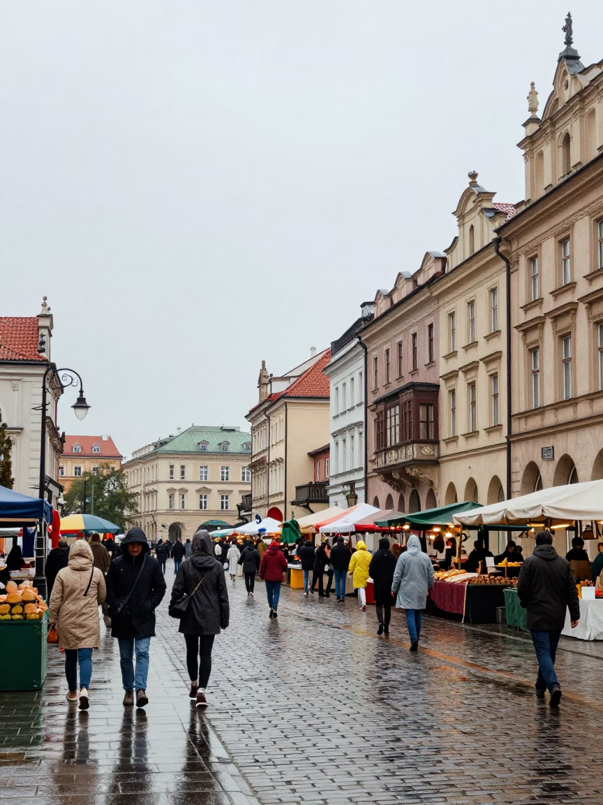 Overcast Midday Street Scene in Krakow Poland with Local Market Activity in in Krakow, Poland