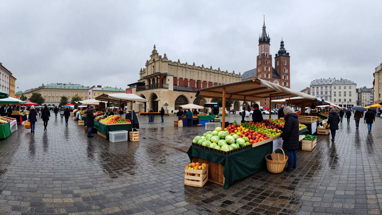 Overcast Midday Street Scene in Krakow Poland with Local Market Stalls in in Krakow, Poland