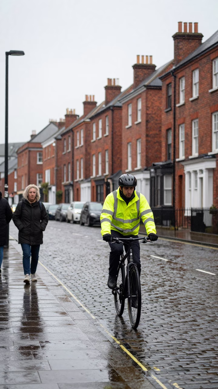 Overcast Midday Street Scene in Liverpool with Cyclist and Urban Details in in Liverpool, United Kingdom