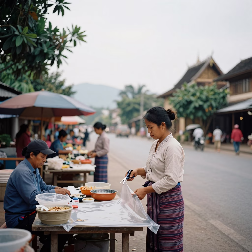 Overcast Midday Street Scene in Luang Prabang Laos with Local Vendor in in Luang Prabang, Laos