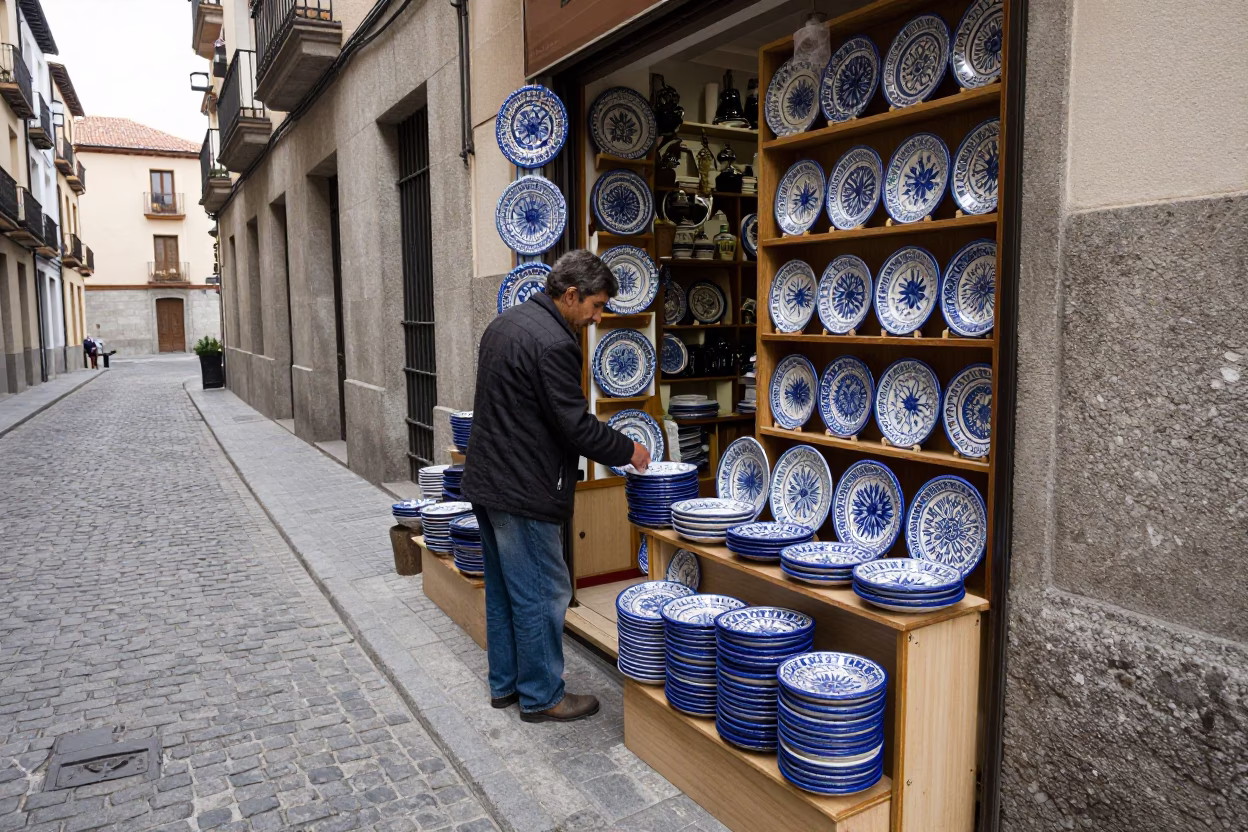 Overcast Midday Street Scene in Madrid Spain with Local Shopkeeper in in Madrid, Spain