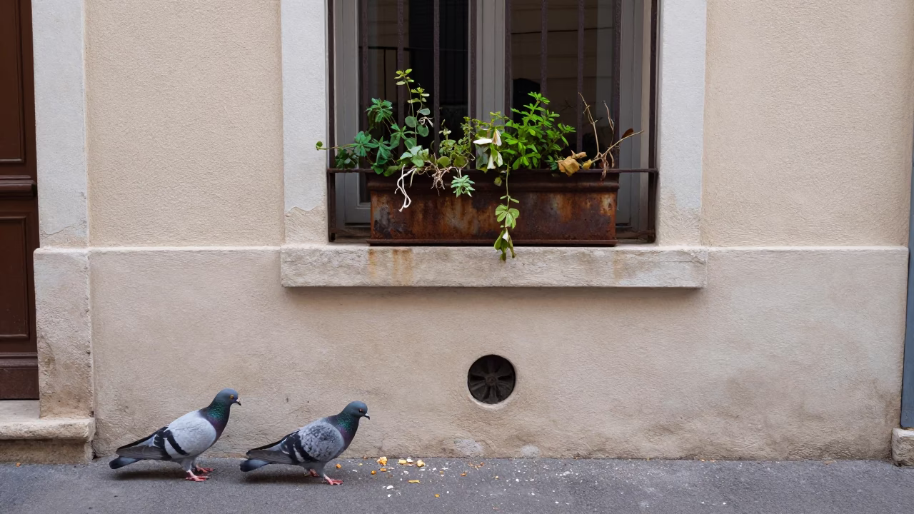 Overcast Midday Street Scene in Marseille with Pigeons and Window Boxes in in Marseille, France