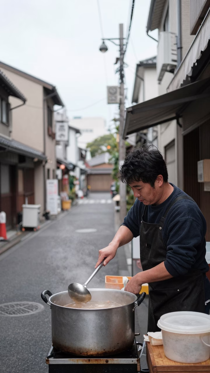 Overcast Midday Street Scene in Osaka Japan with Vendor and Tools in in Osaka, Japan