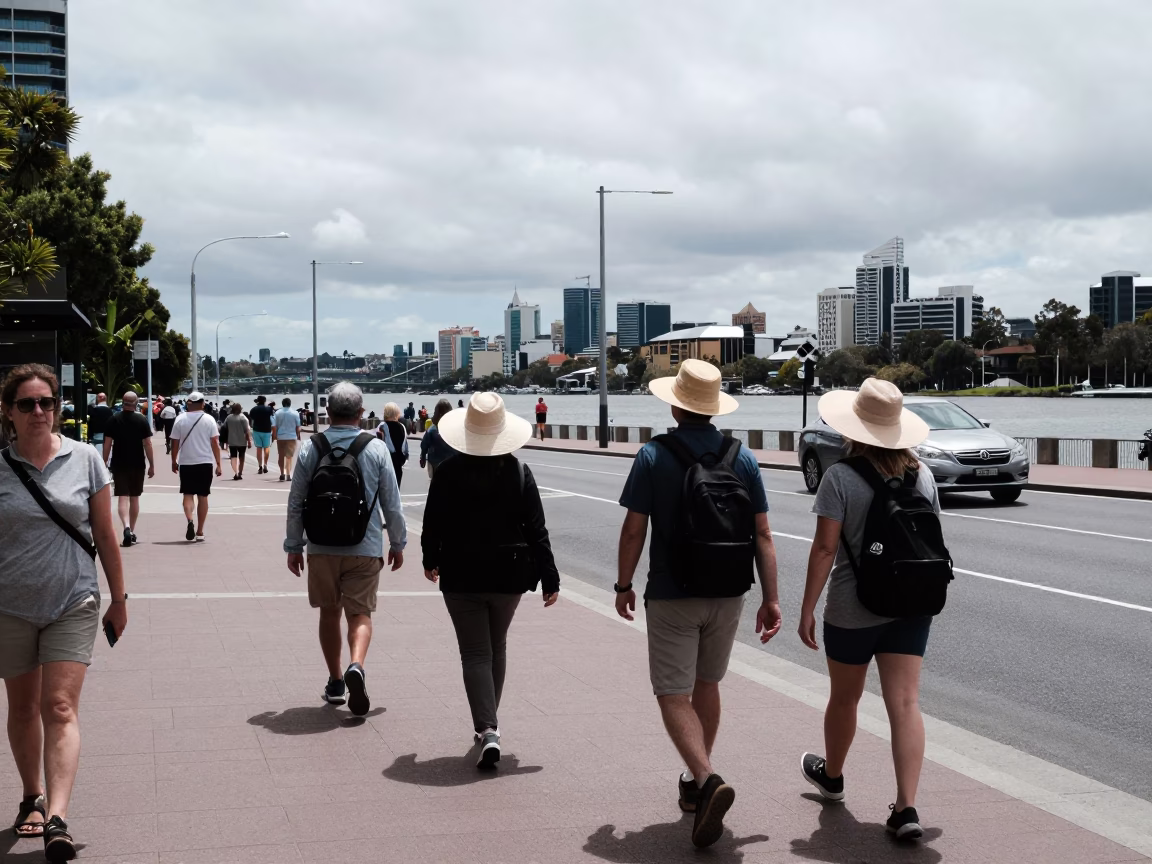 Overcast Midday Street Scene in Perth Western Australia with Sun Hats in in Perth, Western Australia, Australia