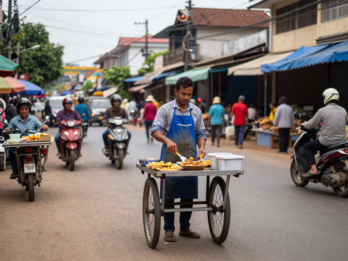 Overcast Midday Street Scene in Phnom Penh Cambodia with Local Commerce in in Phnom Penh, Cambodia