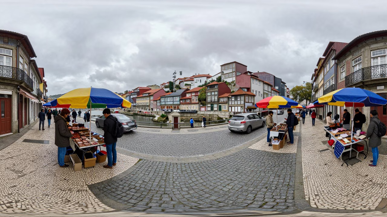 Overcast Midday Street Scene in Porto Portugal with Umbrellas in in Porto, Portugal