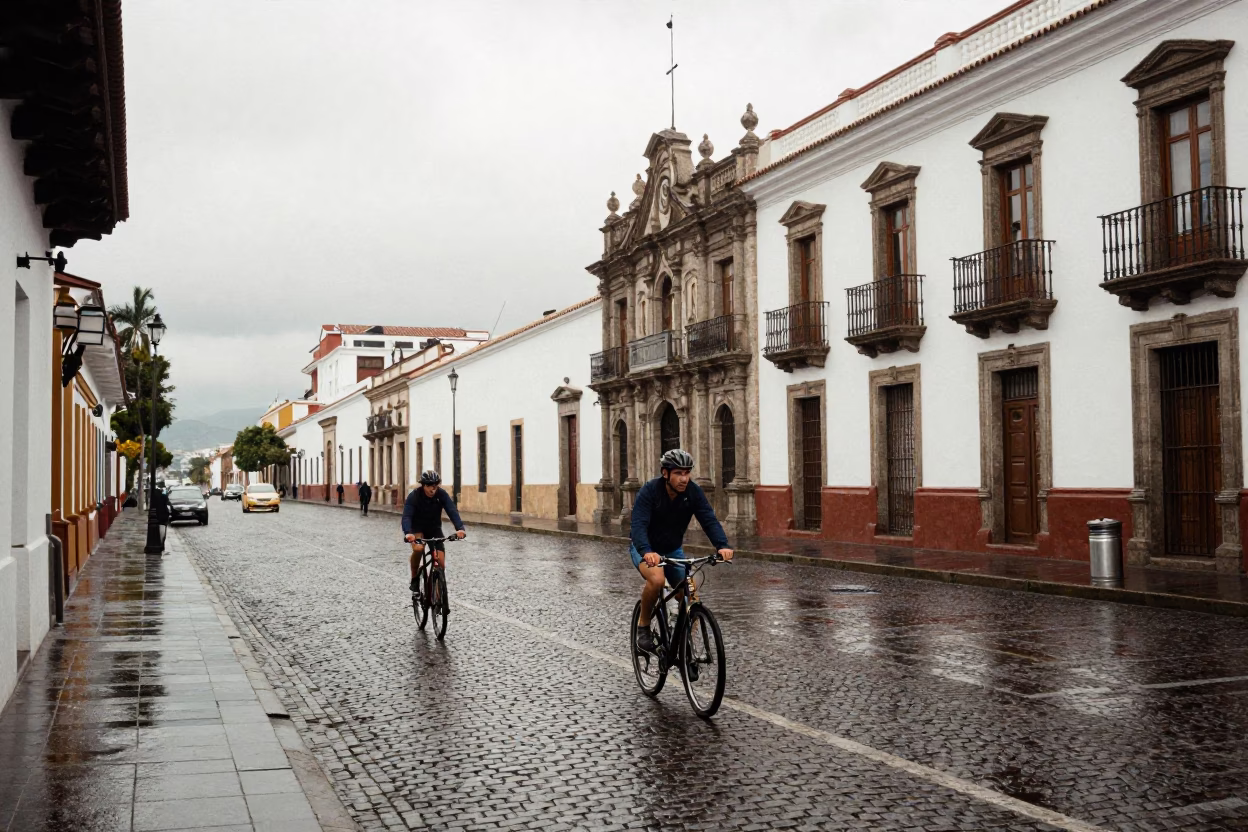 Overcast Midday Street Scene in Quito Ecuador With Cyclist and Tin Box in in Quito, Ecuador