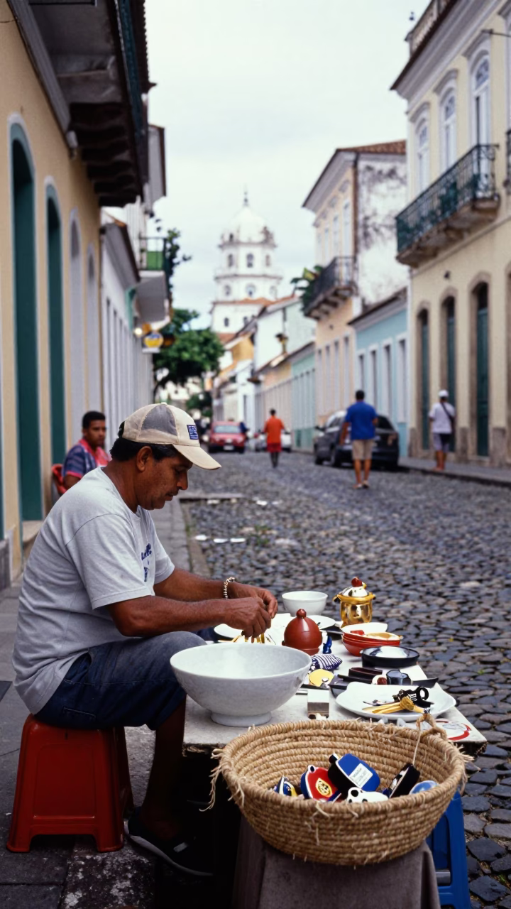 Overcast Midday Street Scene in Salvador Brazil with Local Artisans in in Salvador, Brazil