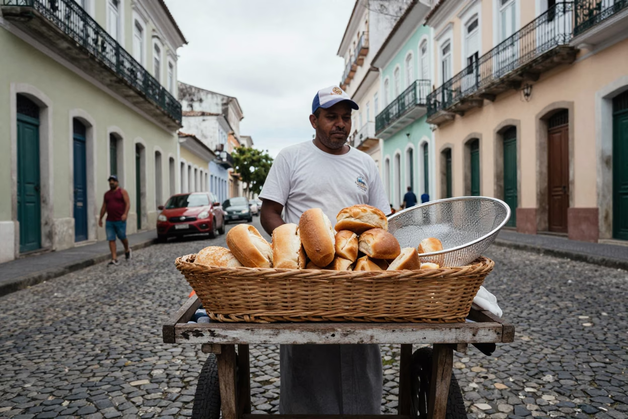 Overcast midday street scene in Salvador Brazil with vendor and items in in Salvador, Brazil