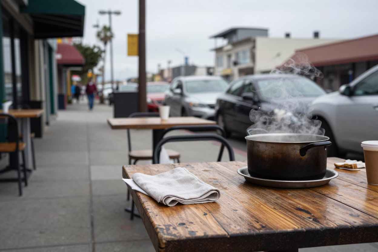 Overcast Midday Street Scene in San Diego with Local Dining Details in in San Diego, California, United States